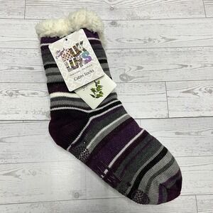 Muk Luks Women Cabin Socks Purple Stripe Faux Fur Lined Jojoba S/M Hygge Cozy